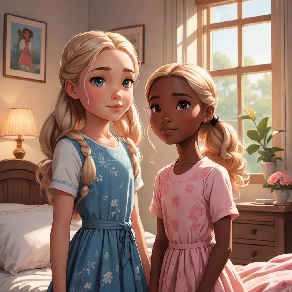 two young girls standing next to each other in a bedroom next to a bed and a window with a picture of a girl on it, a painting, disney, harlem renaissance, official art
