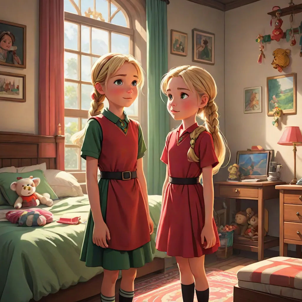 two girls standing in a bedroom next to a bed and a teddy bear on a rug in front of a window, a storybook illustration, disney, american scene painting, rossdraws global illumination