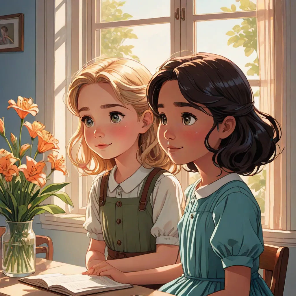 two girls sitting at a table with a book and a vase of flowers in front of them, looking at the viewer, a storybook illustration, Artgerm, fantasy art, cushart krenz