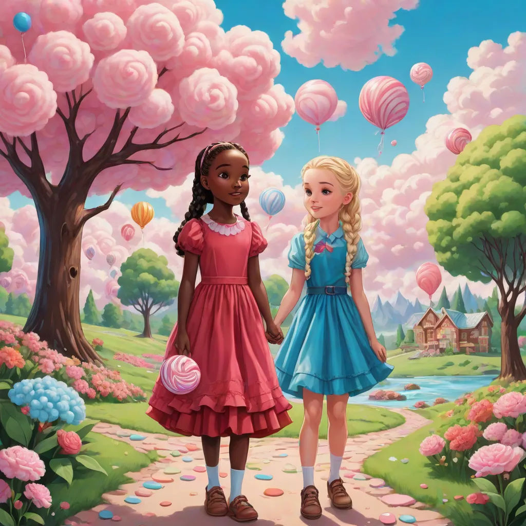 two girls are standing in a park with balloons in the sky and a house in the background, and a pink tree with pink flowers, a storybook illustration, Chris LaBrooy, pop surrealism, official art