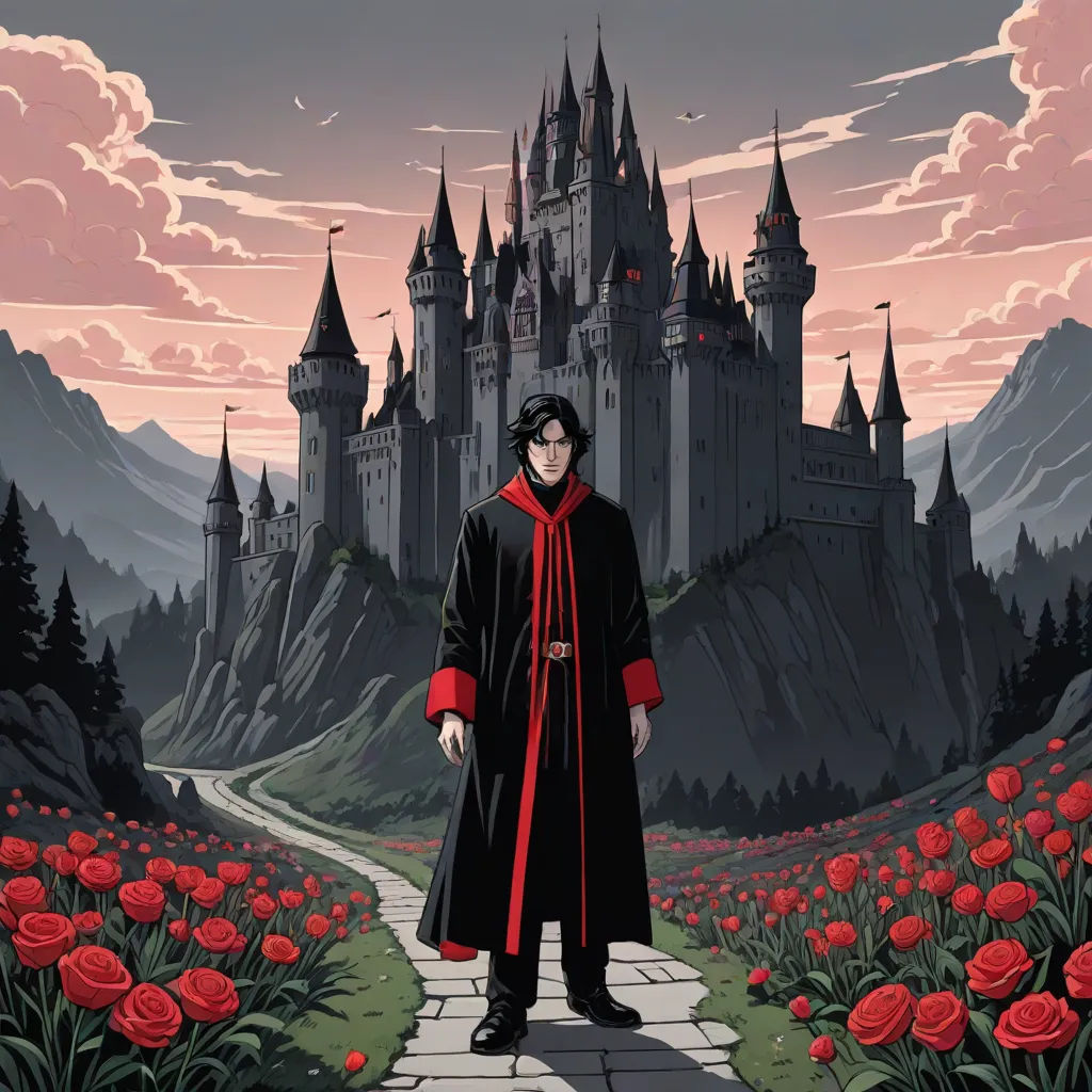 a man standing in front of a castle with red flowers in front of him and a pink sky behind him, a storybook illustration, Cedric Seaut (Keos Masons), gothic art, official art