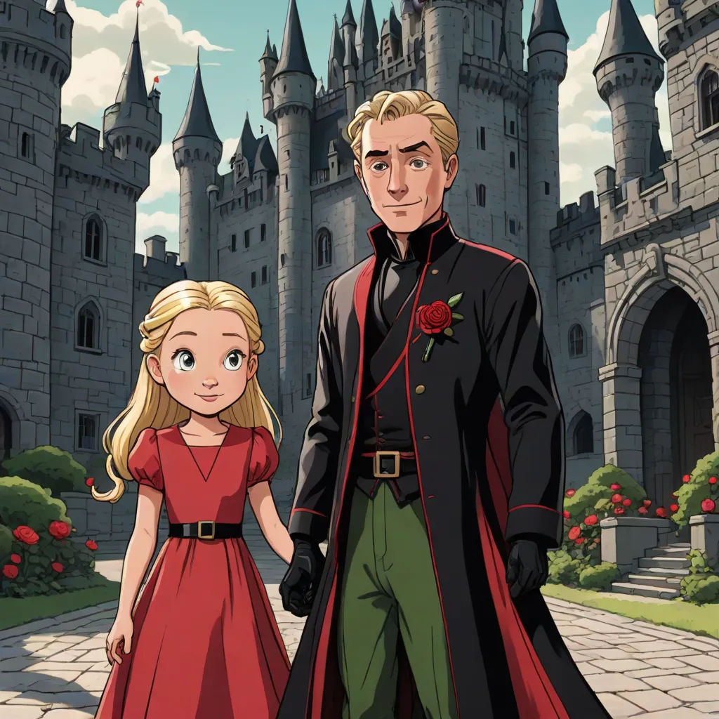 a man and a woman in a red dress standing in front of a castle with a red rose on it, a storybook illustration, Cliff Childs, fantasy art, official art