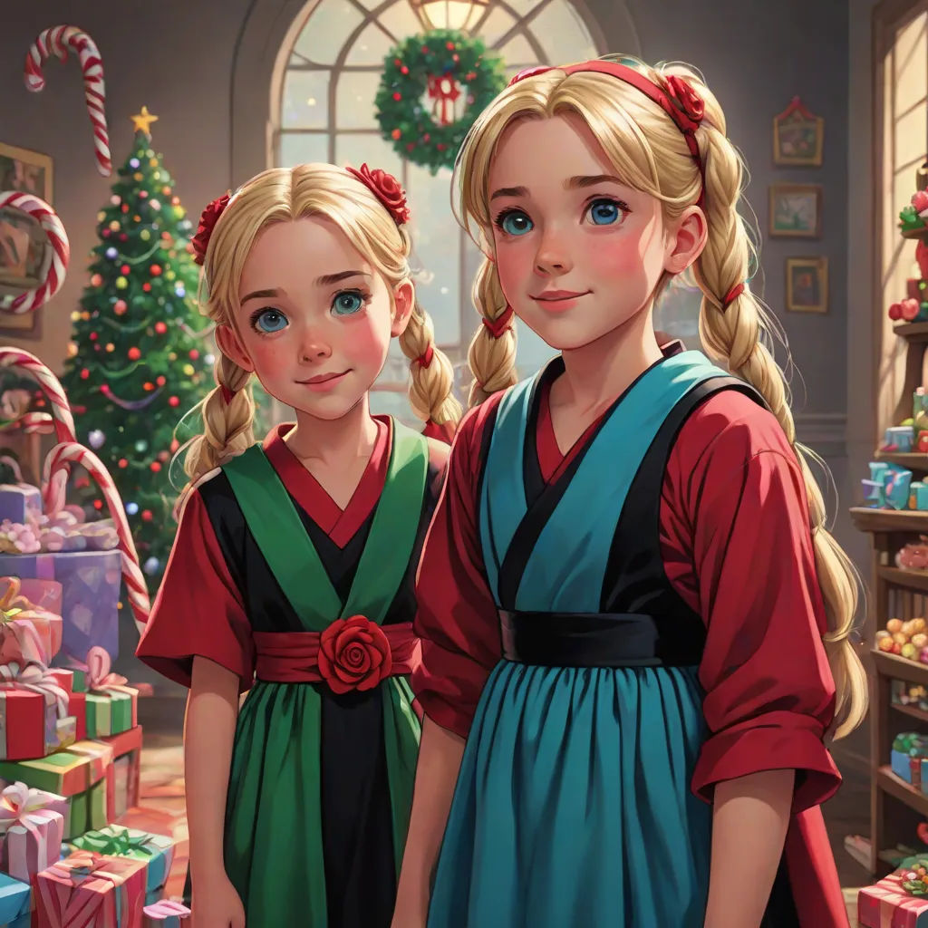 two girls in christmas dresses standing next to a christmas tree and presents in a store window with a christmas tree, a storybook illustration, Brothers Hildebrandt, cloisonnism, official art