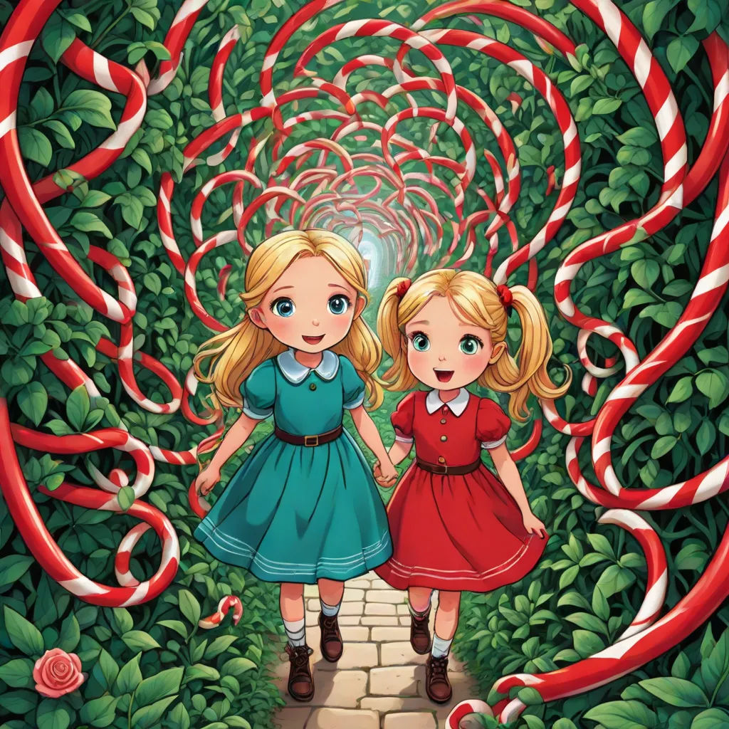 two girls are standing in front of a candy cane tunnel with candy canes on the ground and a red ribbon in the background, a storybook illustration, Alice Prin, pop surrealism, rossdraws global illumination