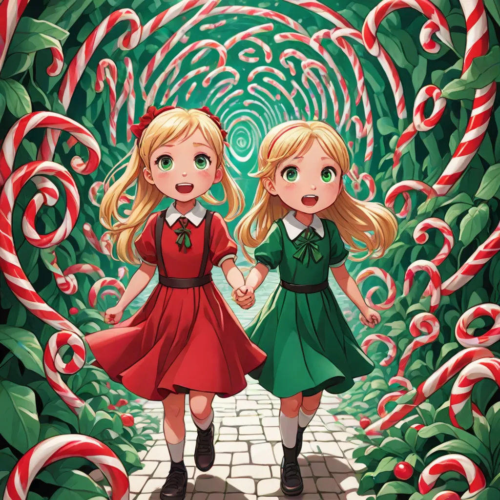 two girls are walking through a candy cane tunnel with candy canes in the background and a candy cane in the foreground, a storybook illustration, Alice Prin, magic realism, rossdraws global illumination