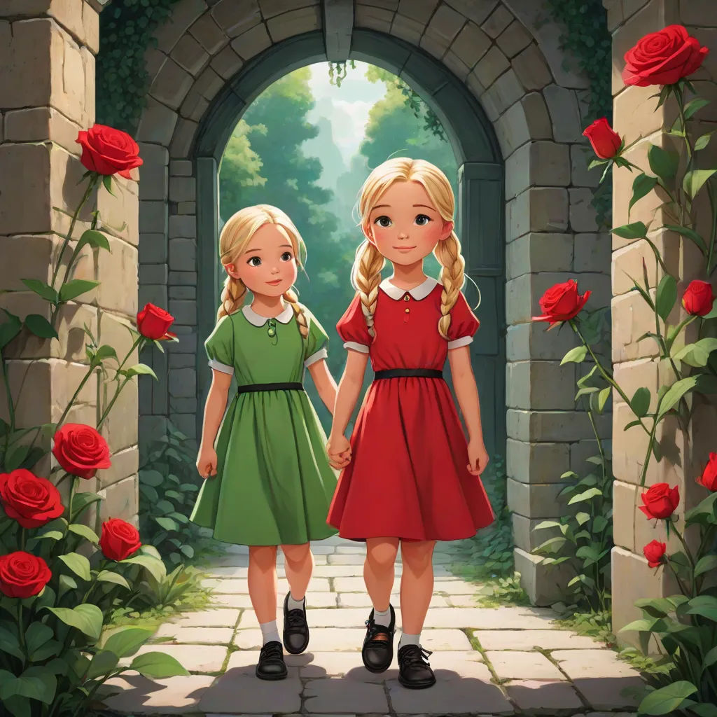 two little girls holding hands in front of a rose tunnel with roses on either side of them and a red rose in the middle, a storybook illustration, disney, neo-romanticism, official art