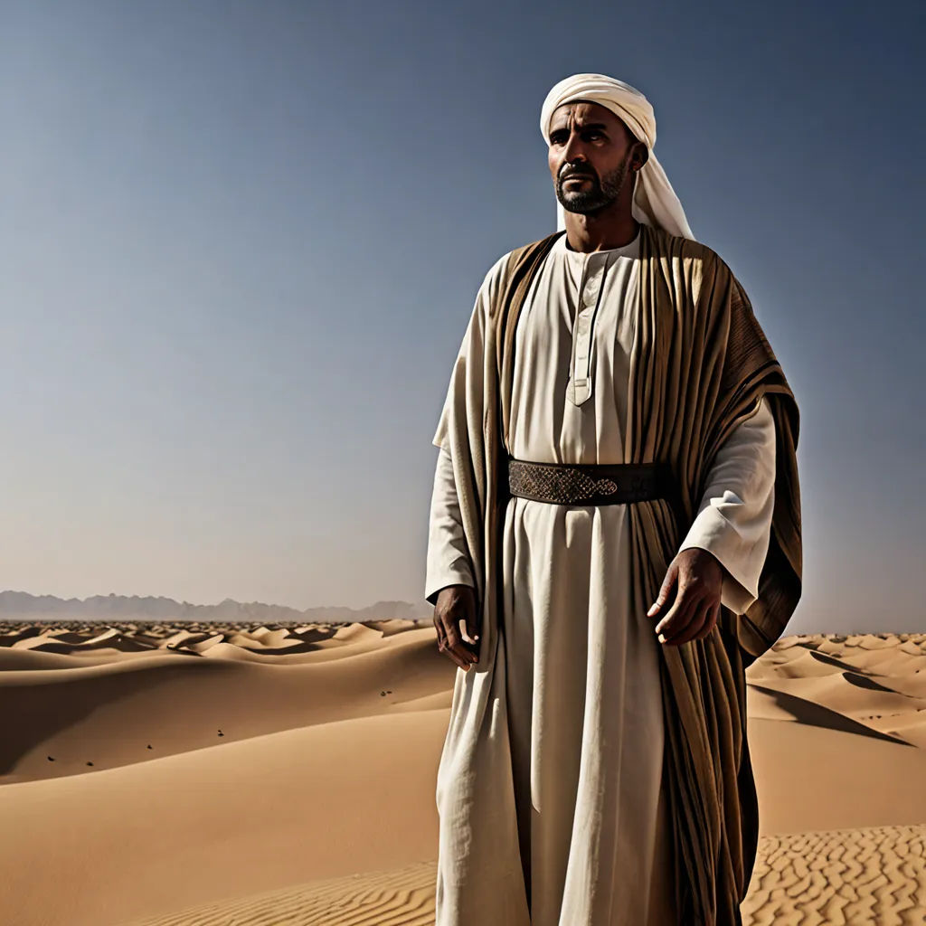 a man in a desert with a desert background and sand dunes in the foreground, with a blue sky in the background, hurufiyya, a character portrait, Farid Mansour, cinematic photography
