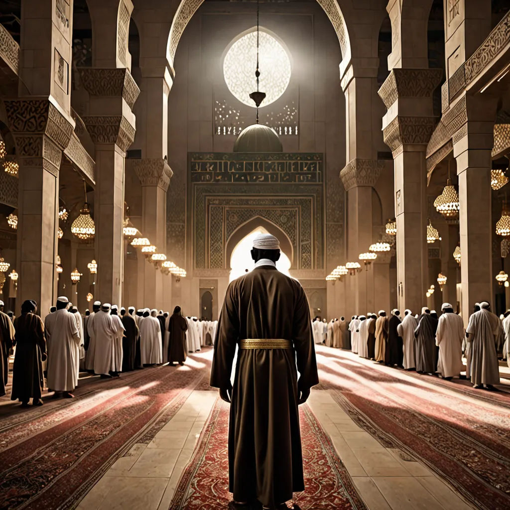 a man in a large room with many people standing around him and a light on the ceiling above him, hurufiyya, a detailed matte painting, Farid Mansour, cinematic photography