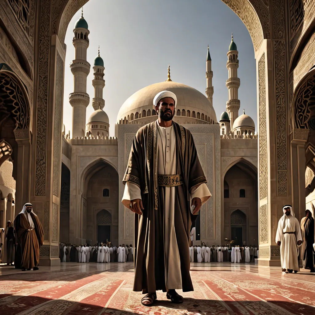 a man standing in front of a building with a lot of people around him and a lot of arches, hurufiyya, a detailed matte painting, Altoon Sultan, cinematic photography