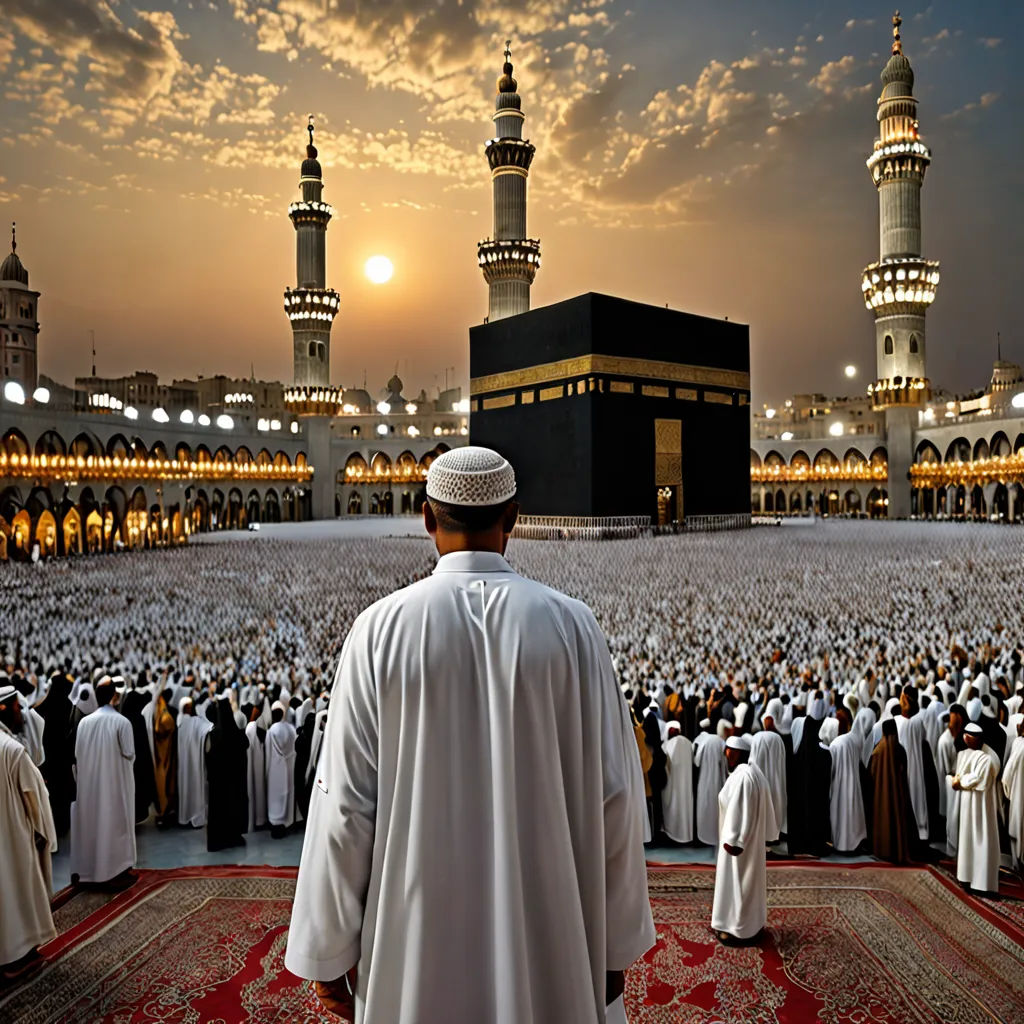 a man standing in front of a large crowd of people in a mosque at sunset with a sun setting, hurufiyya, a detailed matte painting, Aya Goda, very beautiful