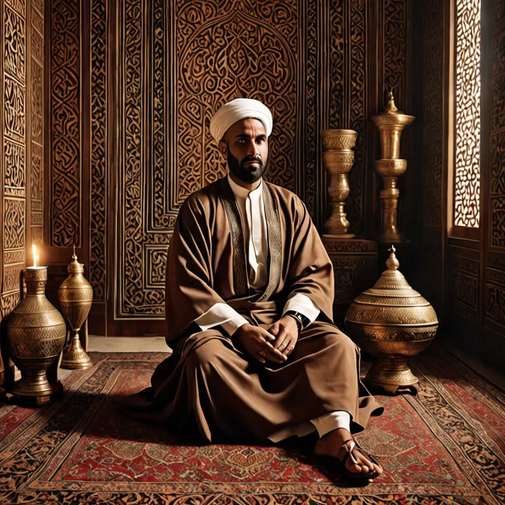 a man sitting on a rug in a room with a lot of gold vases and a lamp on the floor, hurufiyya, a character portrait, Ahmed Karahisari, orientalism