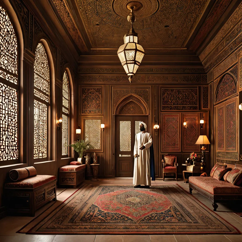 a person standing in a large room with a rug on the floor and a chandelier hanging from the ceiling, arts and crafts movement, a detailed matte painting, Altoon Sultan, orientalism