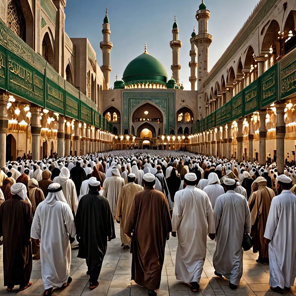 a group of people walking in a large building with a green dome on top of it and a green and white flag, hurufiyya, a colorized photo, Altoon Sultan, award-winning photograph