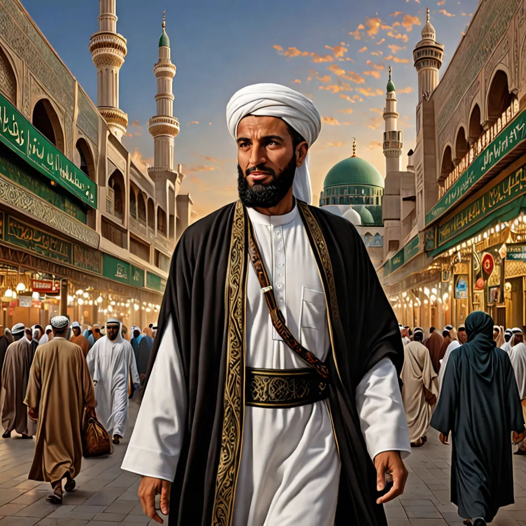 a man in a white turban and black outfit walking through a market area with other people in the background, hurufiyya, a painting, Ahmed Karahisari, art noveau
