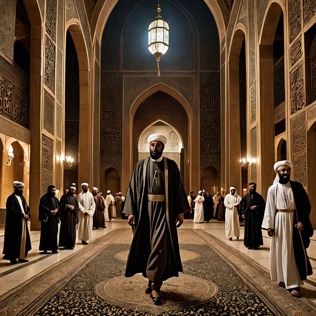 a man in a black robe is walking through a hallway with other men in white robes and black robes, hurufiyya, a detailed matte painting, Altoon Sultan, cinematic photography