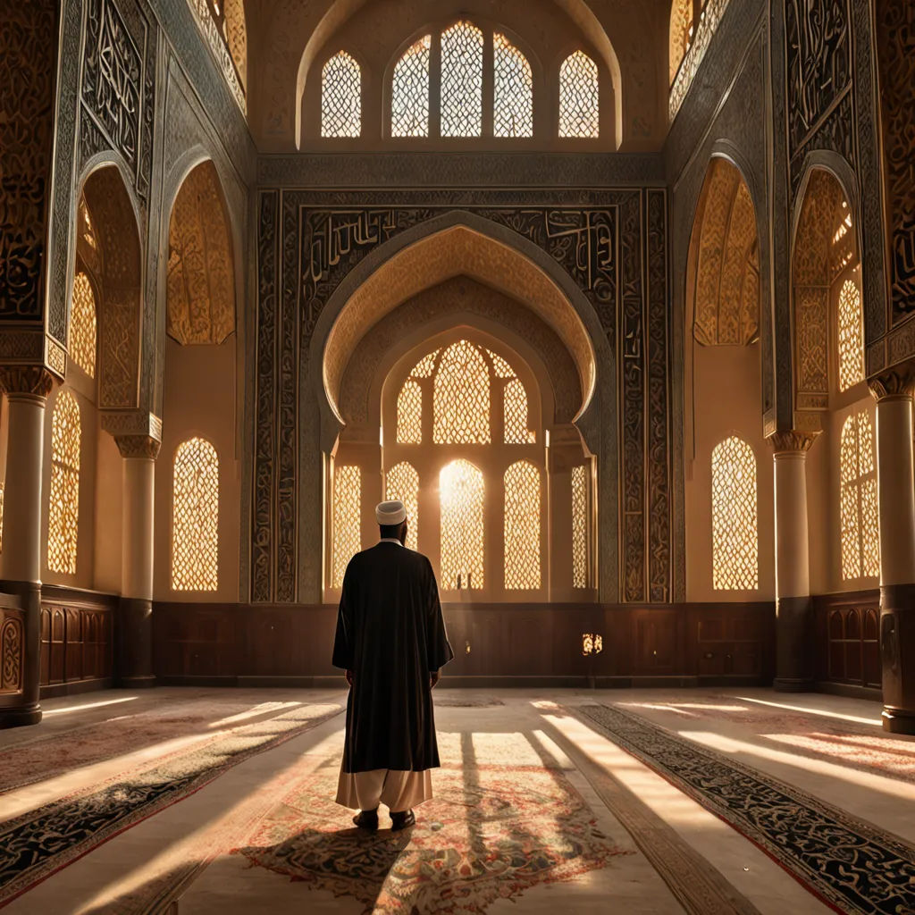 a man in a large room with a large rug on the floor and a large window in the wall, arabesque, egyptian art, Amir Zand, cinematic photography