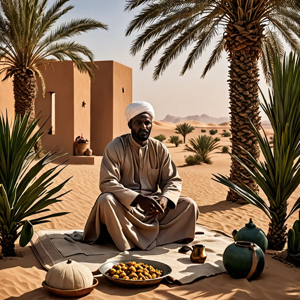 a man sitting on a blanket in the desert with a plate of food and a bowl of fruit on the ground, dau-al-set, a character portrait, Chafik Charobim, desert