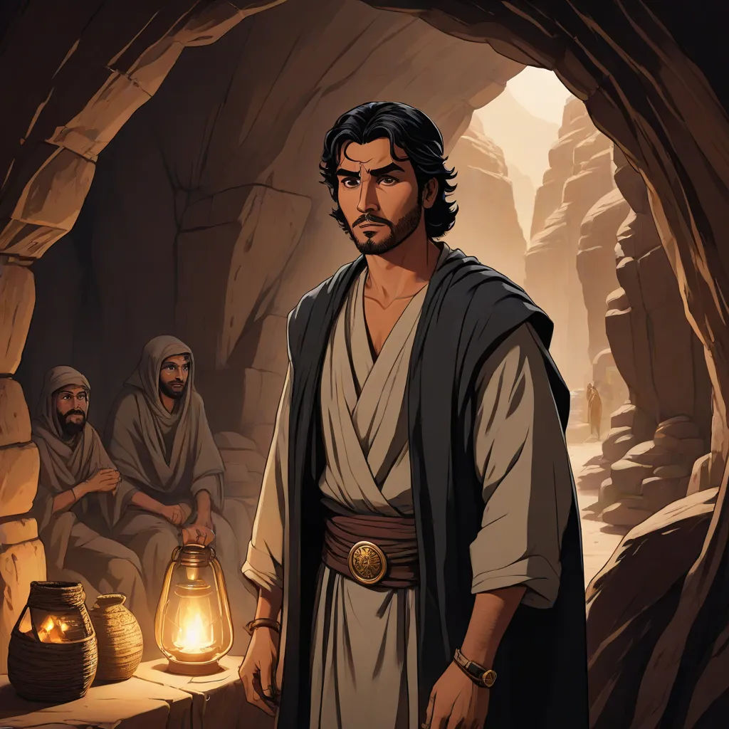 a man standing in a cave next to a lantern and a man in a robe with a robe on, a storybook illustration, Amir Zand, dau-al-set, radiant light