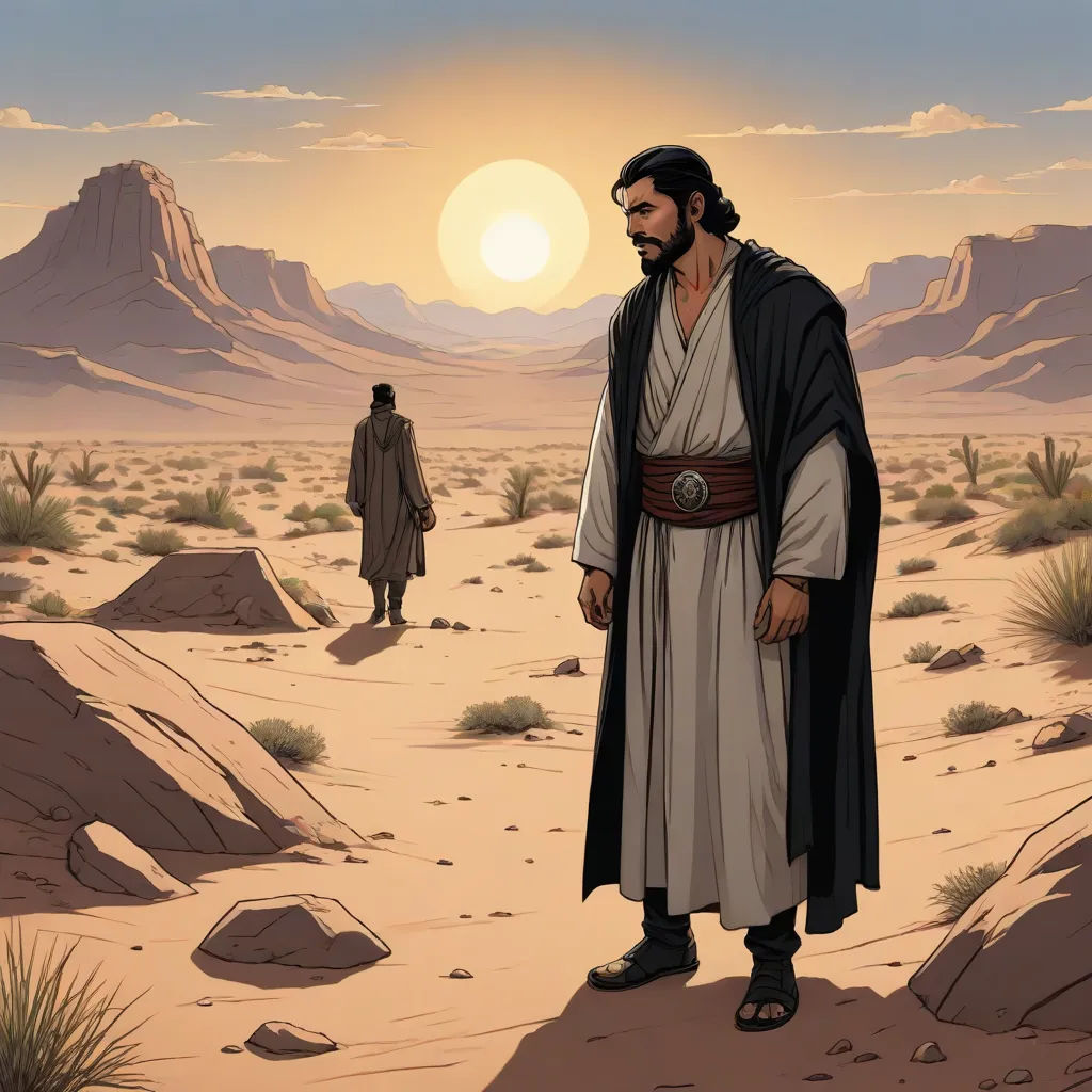 a man standing in the desert with a man in the background looking at him in the distance with a desert landscape in the background, a comic book panel, Brothers Hildebrandt, serial art, graphic novel