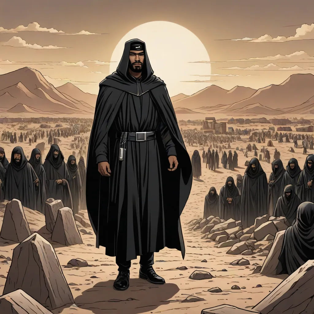 a man in a black robe standing in front of a group of people in a desert area with a sun in the background, a comic book panel, Altoon Sultan, dau-al-set, graphic novel