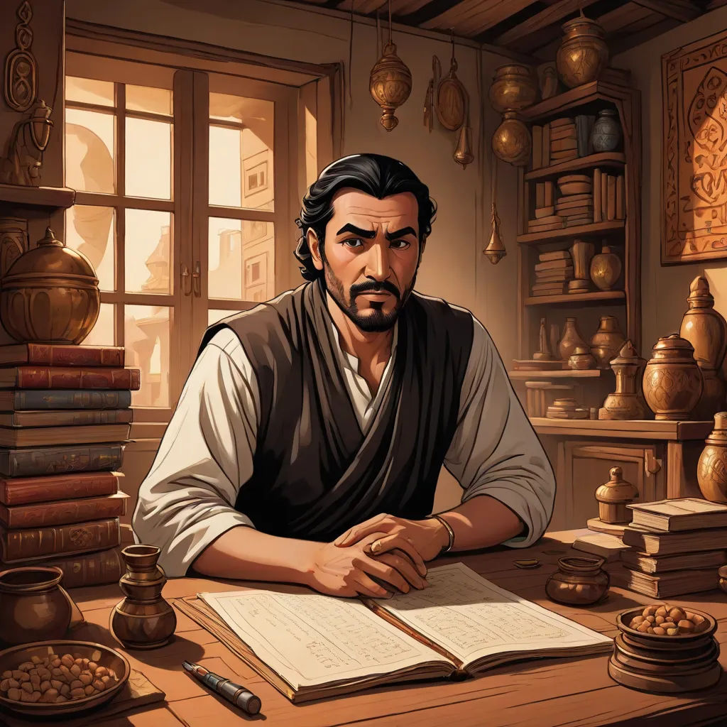 a man sitting at a table with a book and a pen in his hand and a book in front of him, a character portrait, Altoon Sultan, hurufiyya, official art