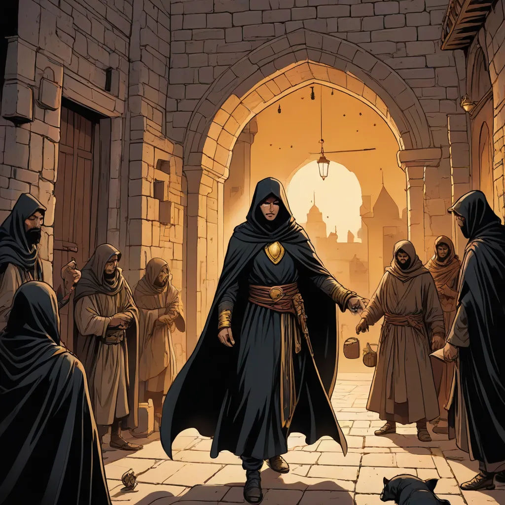 a group of people in black robes standing in a courtyard with a dog on the ground and a man in a black robe, a comic book panel, Altoon Sultan, fantasy art, western comic book art