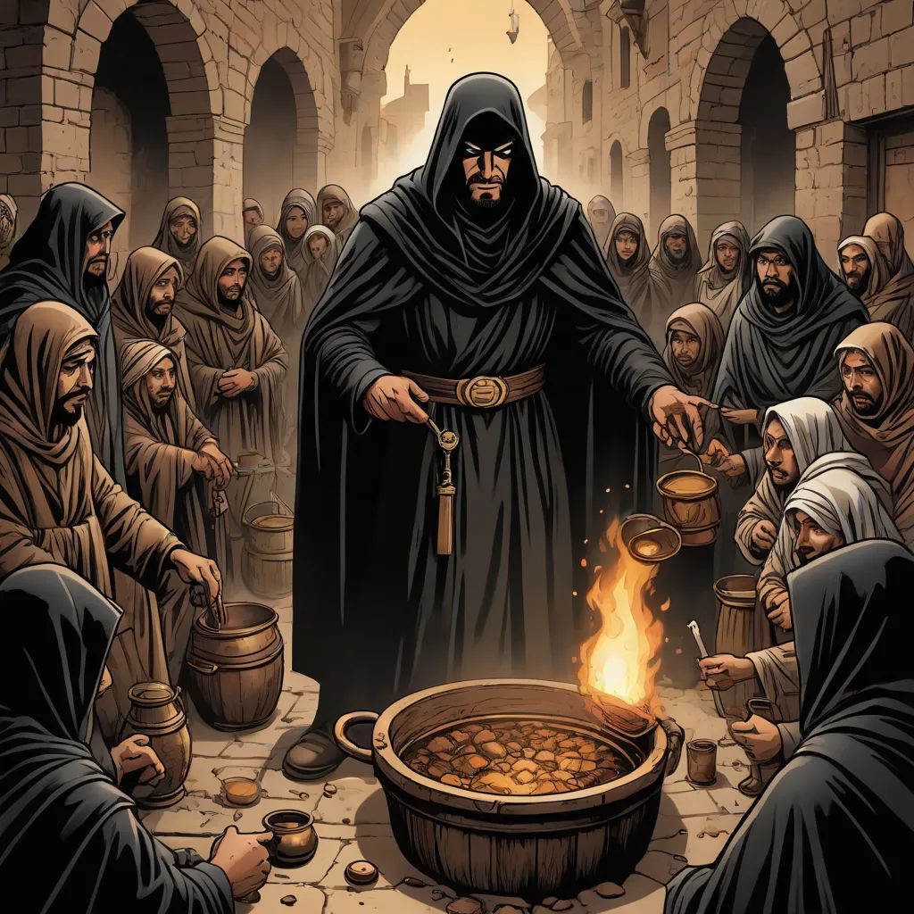 a group of people standing around a pot of food on a table with a fire in it and a man in a black robe, a storybook illustration, Edward Sorel, antipodeans, fantasy artwork
