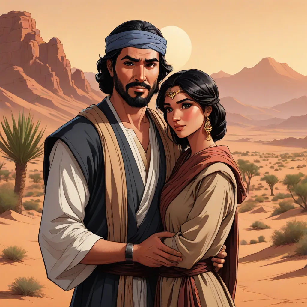 a man and woman in desert with desert mountains in the background and a desert landscape in the background, with a desert scene in the foreground, a character portrait, Altoon Sultan, serial art, desert