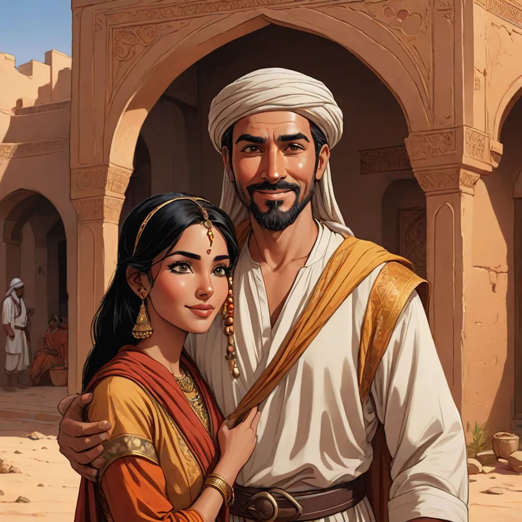 a man and woman in ancient clothing standing in front of a building with a desert background and a man in a turban, a storybook illustration, Altoon Sultan, hurufiyya, orientalism
