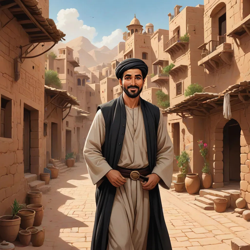 a man in a desert village with a camel in his hand and a camel in his hand, standing in front of a street, a character portrait, Ahmed Karahisari, dau-al-set, official art