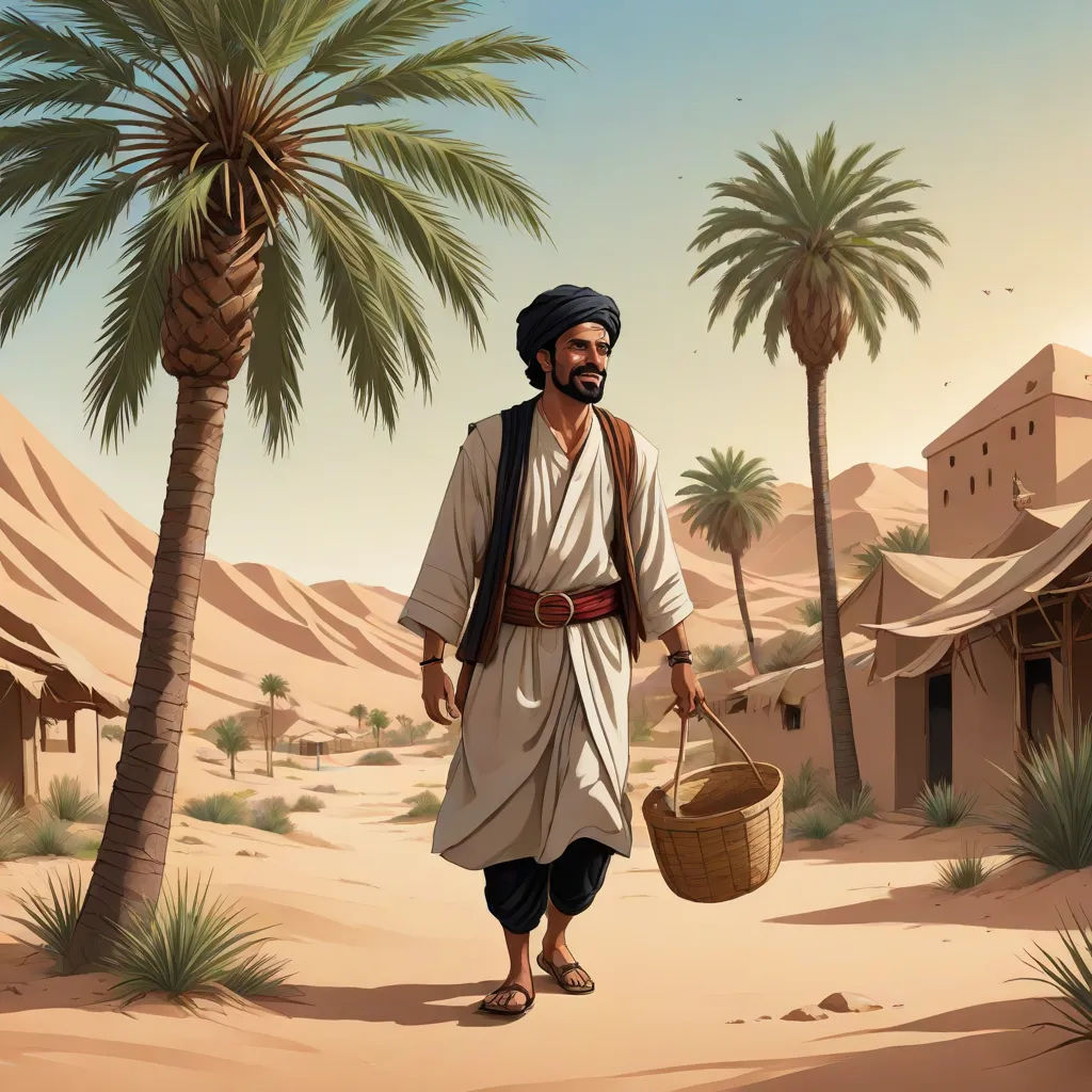 a man in a desert with a basket and palm trees in the background, a desert village with a man in a white robe and a hat, a storybook illustration, Amir Zand, hurufiyya, desert