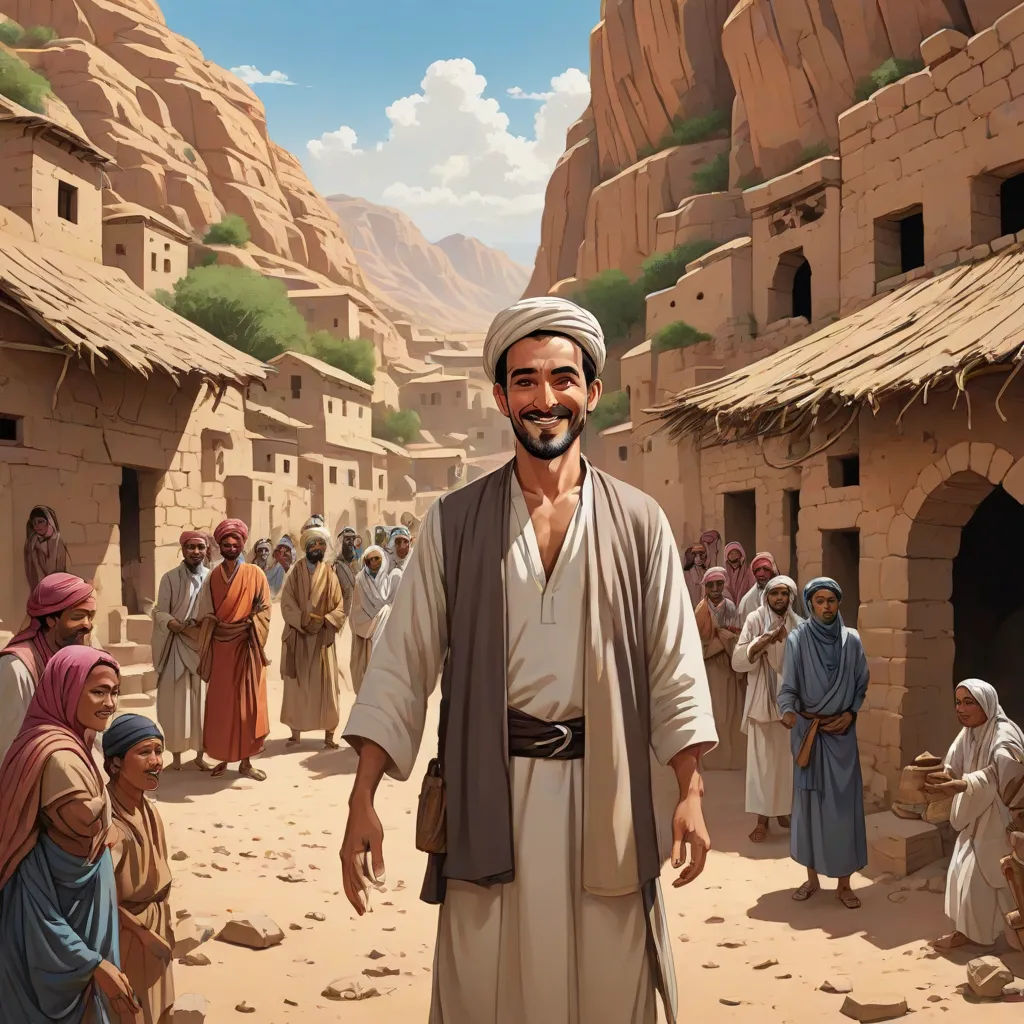 a painting of a man in a desert village with people around him and a mountain in the background with a sky, a storybook illustration, Asaf Hanuka, les nabis, graphic novel
