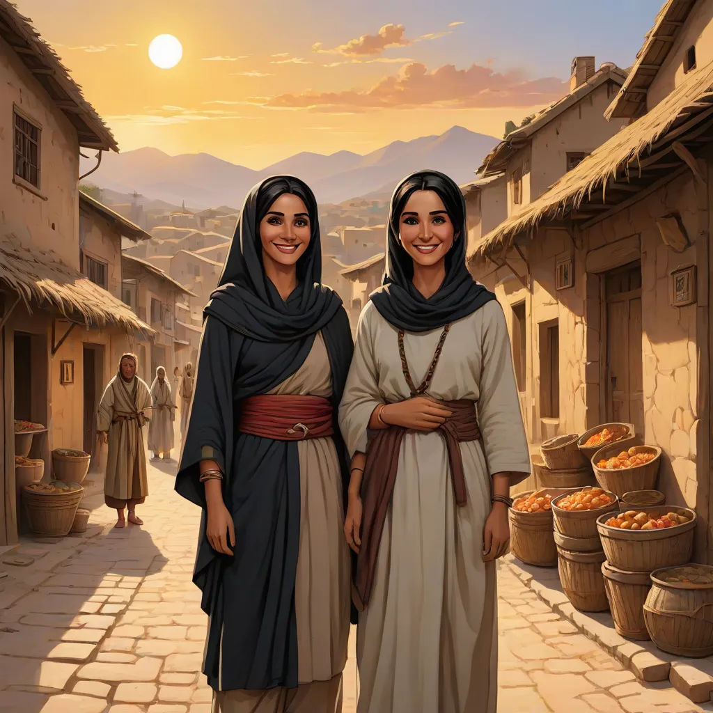 two women in traditional clothing standing in a village at sunset with a basket of food in the foreground, a storybook illustration, Brothers Hildebrandt, american scene painting, official art