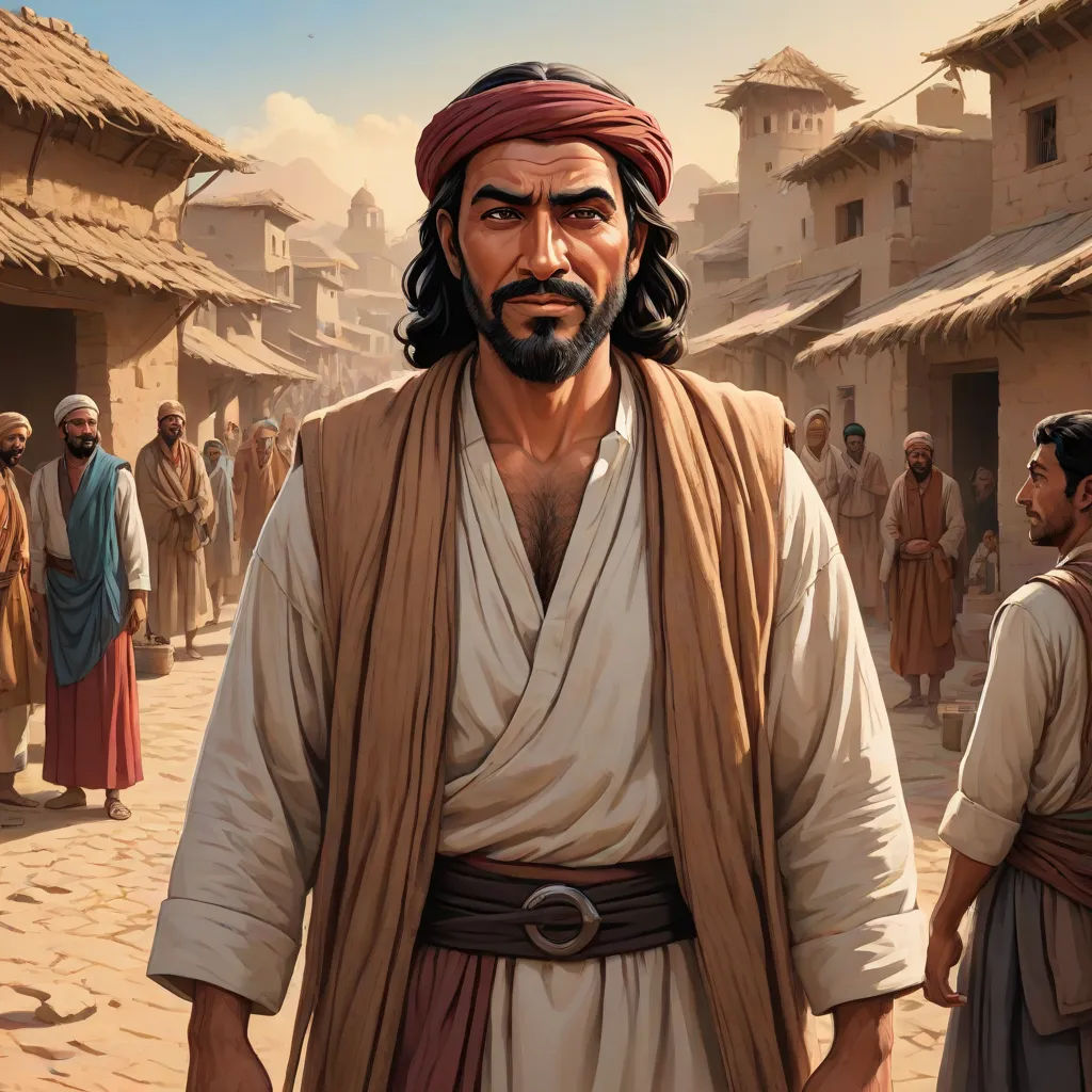 a painting of a man in a desert village with other men in the background and a man in a brown robe, a character portrait, Amir Zand, hurufiyya, official art