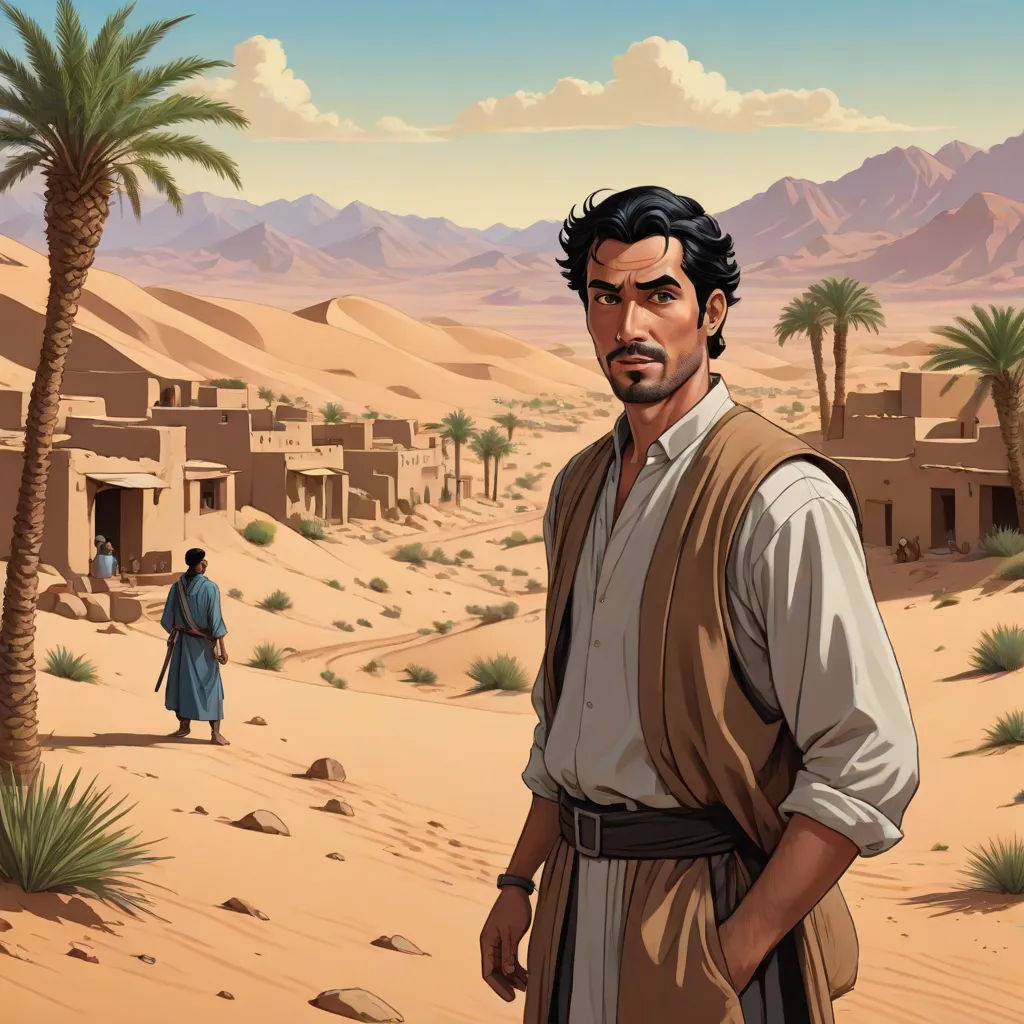 a man standing in the desert with a desert background and a desert village in the background with a man in a desert scene, a character portrait, Amir Zand, serial art, official art
