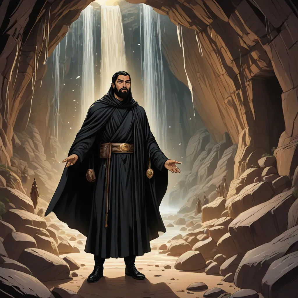 a man in a black robe standing in a cave with a waterfall in the background and a light coming from the cave, a detailed matte painting, Drew Struzan, fantasy art, magic the gathering artwork