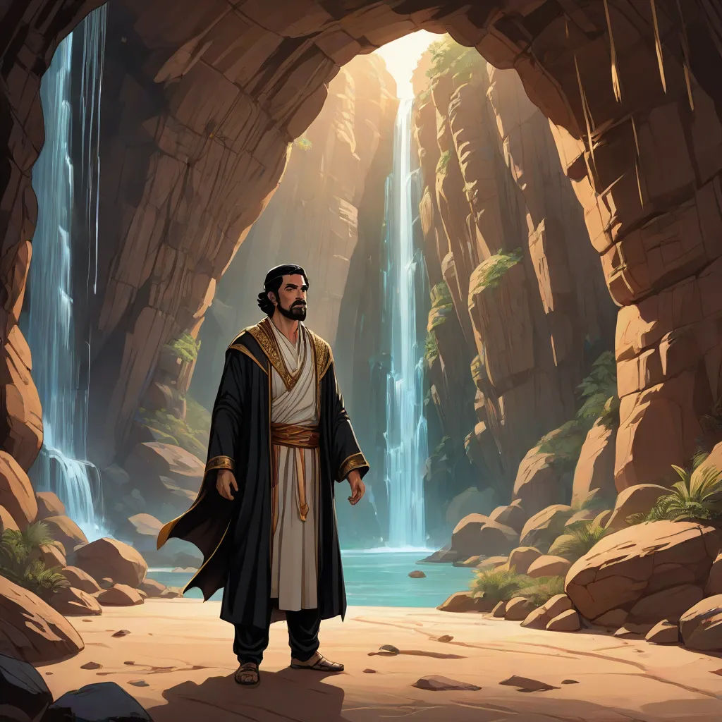 a man in a cave with a waterfall in the background and a waterfall in the background, with a man in a robe standing in front of a cave, a detailed matte painting, Amir Zand, fantasy art, kinkade