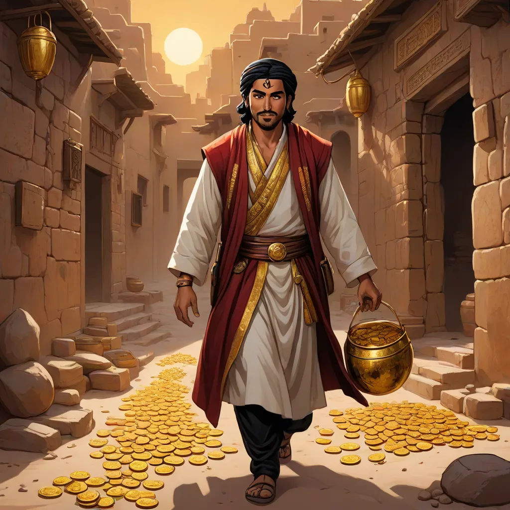 a man in a red and gold outfit walking through a stone street with a gold pot in his hand, a storybook illustration, Altoon Sultan, hurufiyya, orientalism