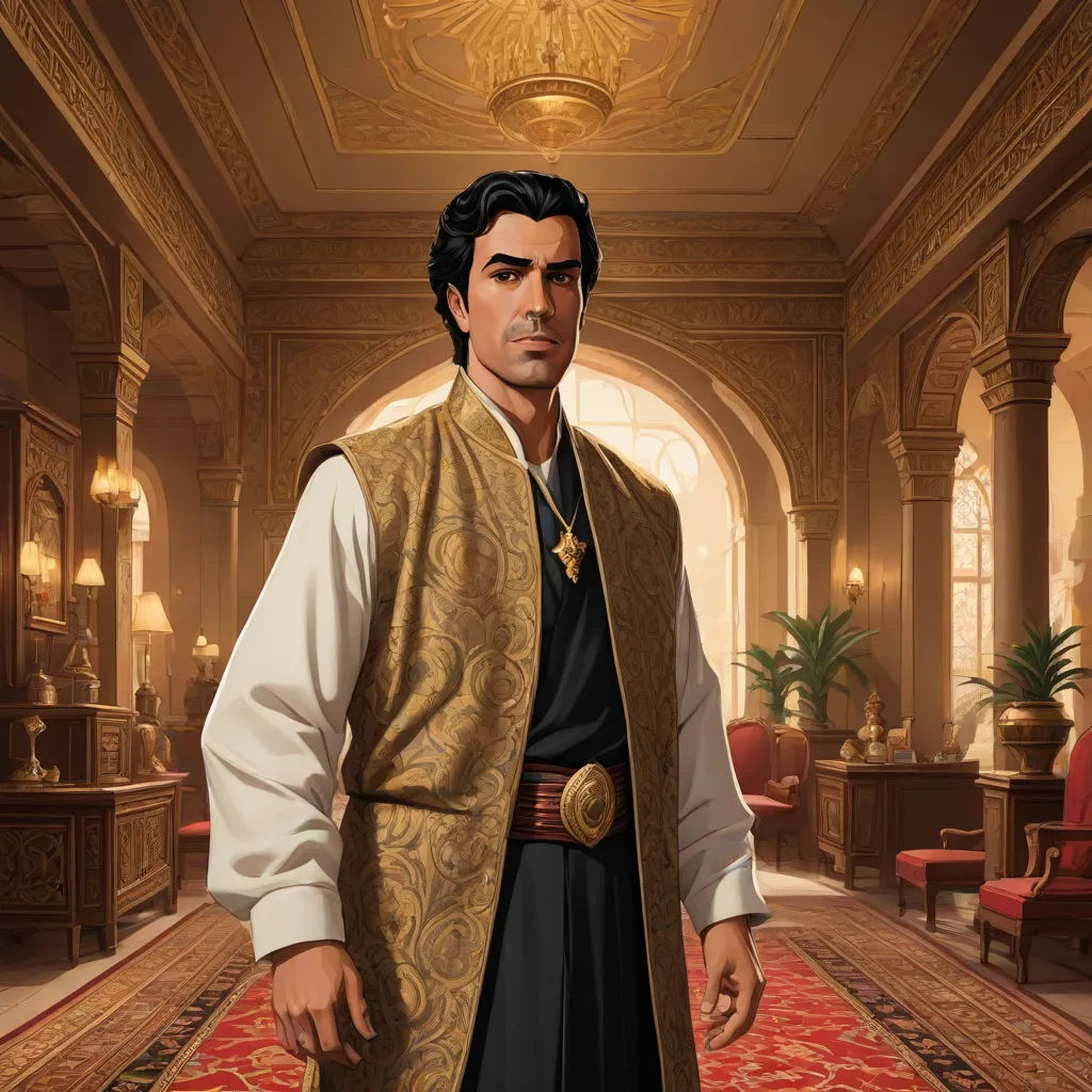 a man in a fancy outfit standing in a room with a red carpet and a gold and black vest, a character portrait, Altoon Sultan, qajar art, character portrait