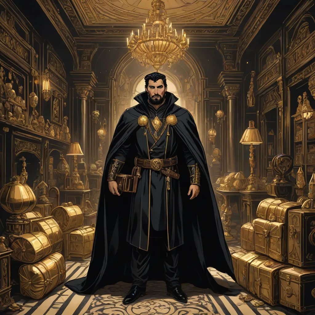 a man in a black robe standing in a room with gold decorations and a chandelier above him, a character portrait, Chris Rallis, fantasy art, epic fantasy character art