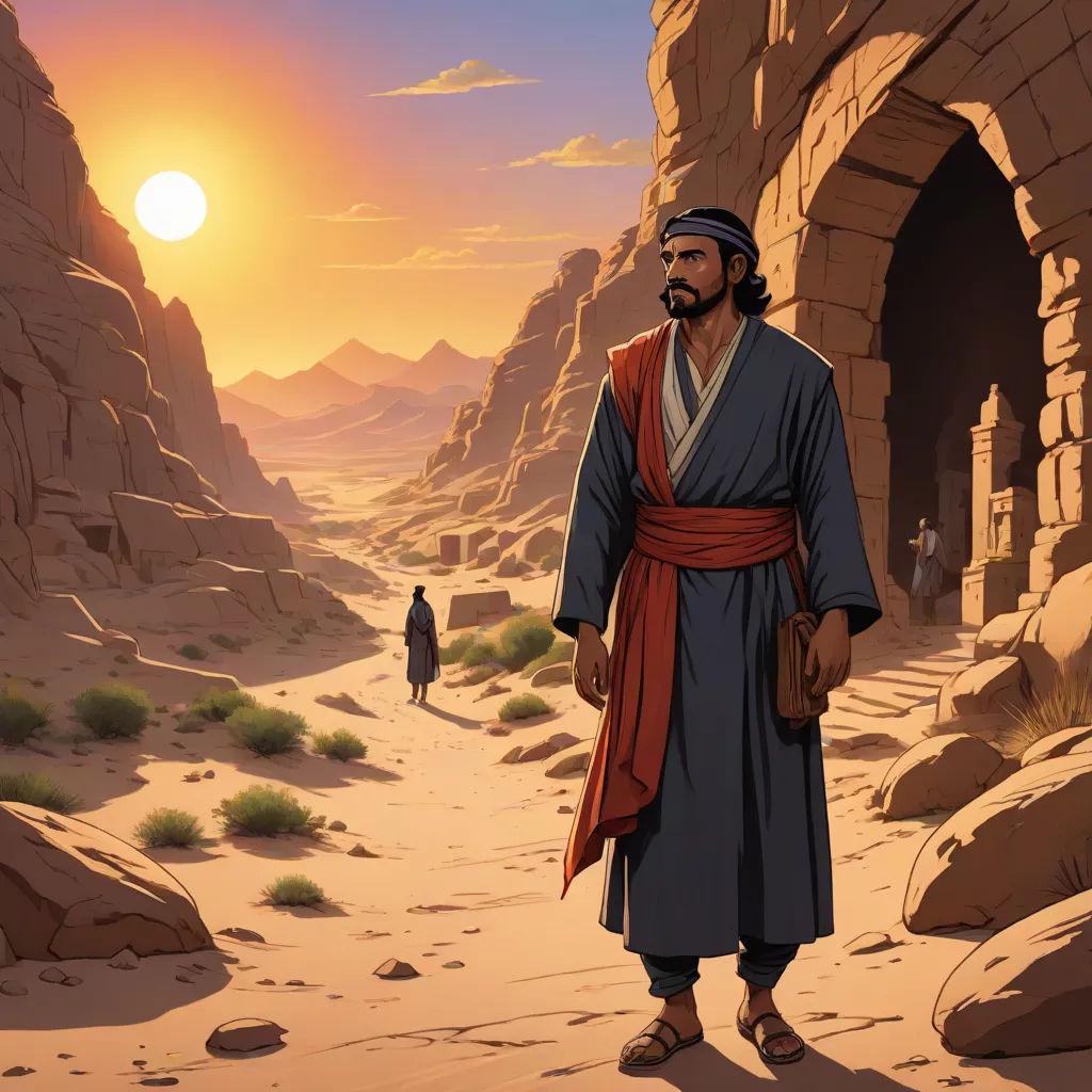 a man in a desert setting with a desert landscape in the background and a man in a robe standing in the foreground, a detailed matte painting, Amir Zand, les nabis, graphic novel