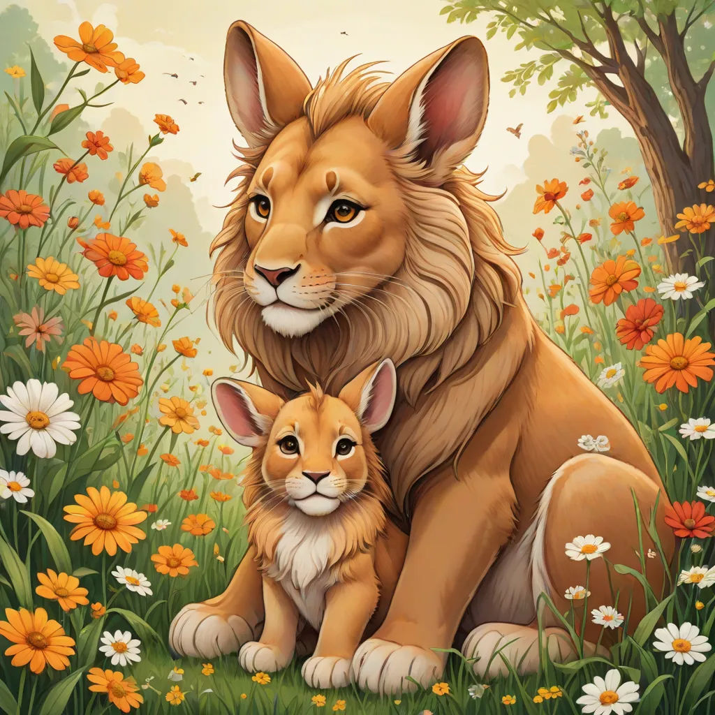 a lion and a baby sit in a field of flowers and daisies with a background of trees and flowers, furry art, a digital painting, Chris LaBrooy, trending on art station