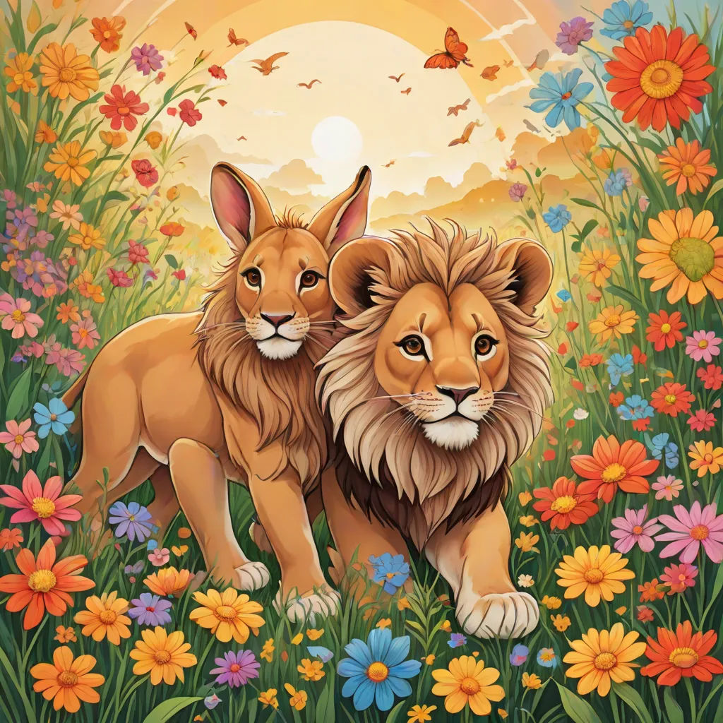 two lions standing in a field of flowers with a sunset in the background and butterflies flying overhead, with a butterfly in the sky, pop surrealism, a storybook illustration, Annabel Kidston, trending on art station