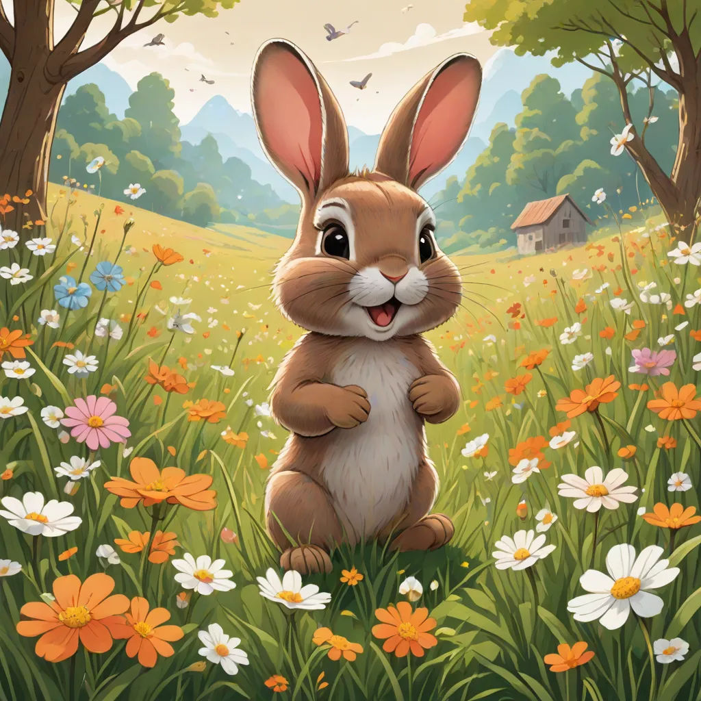 a rabbit is sitting in a field of flowers and daisies with a house in the background and a bird flying overhead, furry art, a storybook illustration, Chris LaBrooy, official art