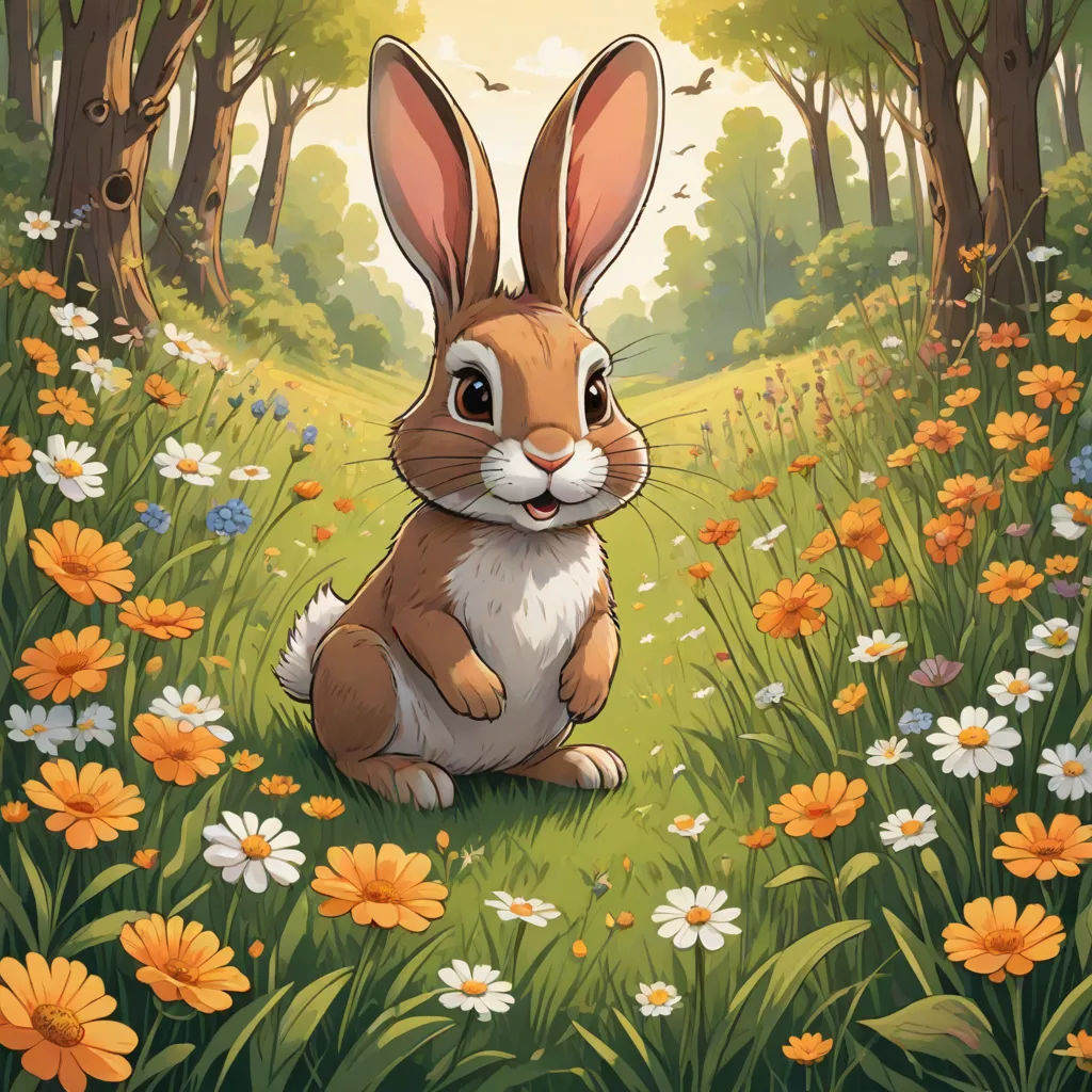a rabbit sitting in the middle of a field of flowers and trees with a forest in the background with a sun, furry art, a character portrait, Chris LaBrooy, rossdraws global illumination