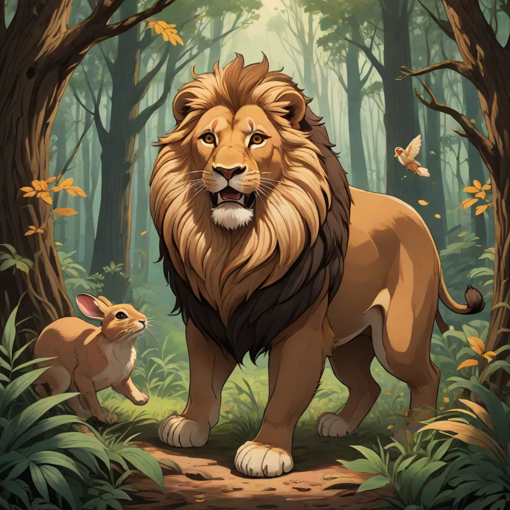a lion and a rabbit in a forest with trees and butterflies flying around them, with a background of leaves and trees, furry art, an album cover, Chris LaBrooy, official art