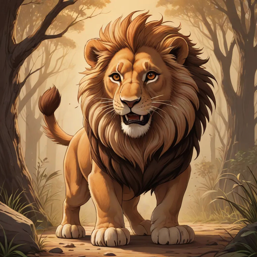 a lion standing in a forest with trees and rocks in the background, with a light colored background and a sunlit area, furry art, a digital painting, Chris LaBrooy, trending on art station