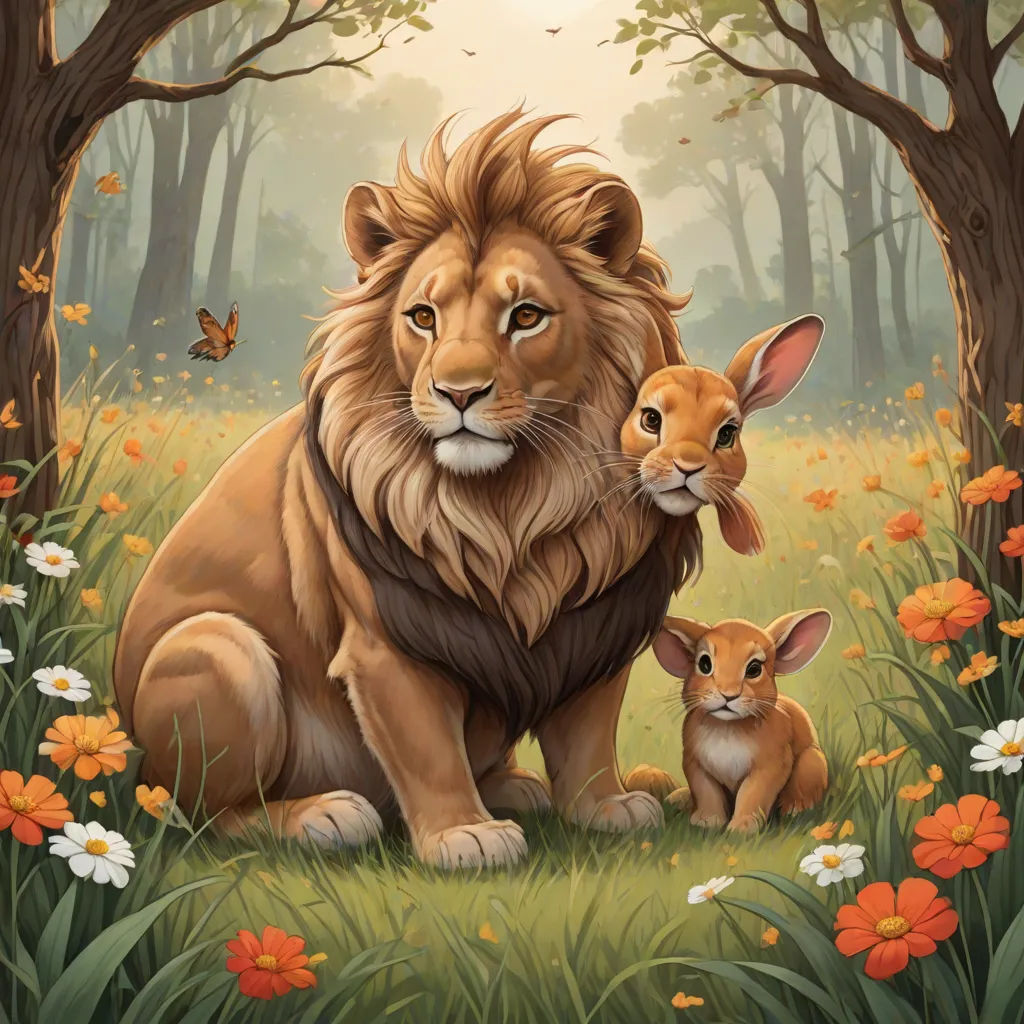 a lion and a baby sit in a field of flowers and trees with a butterfly flying overhead in the background, furry art, a storybook illustration, Chris LaBrooy, trending on art station