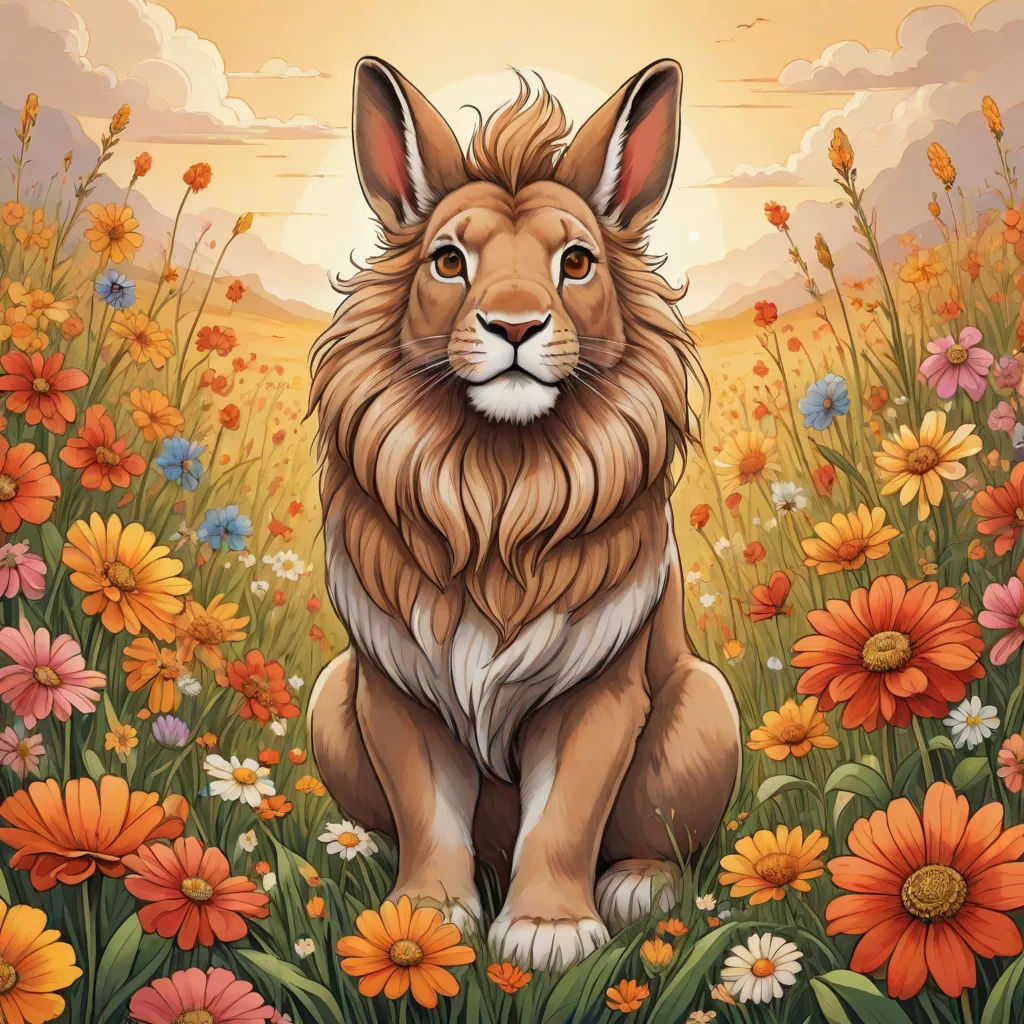 a painting of a lion sitting in a field of flowers with a sunset in the background and clouds in the sky, furry art, a storybook illustration, Chris LaBrooy, trending on art station