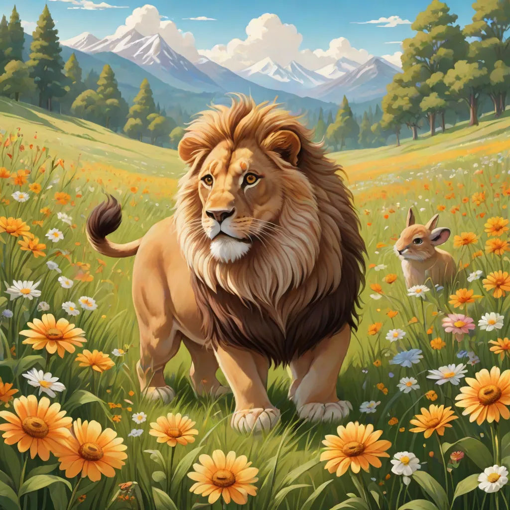 a painting of a lion and a baby lion in a field of flowers and daisies with mountains in the background, furry art, a painting, Chris LaBrooy, official art